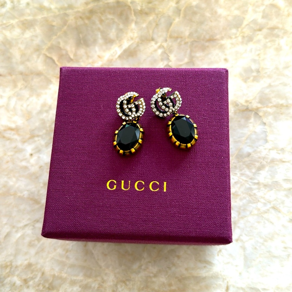Gucci Double G Round Drop Earrings Metal with Crystals Black, Gold